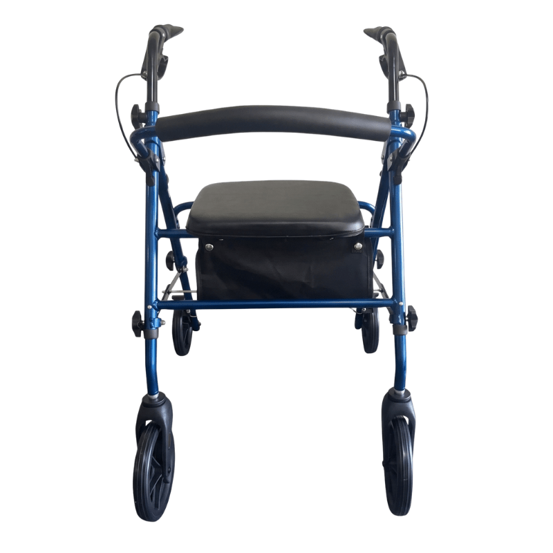 Sininen Ibis rollaattori suoraan edestä, ergonomisilla kahvoilla, pehmustetulla istuimella ja selkänojalla