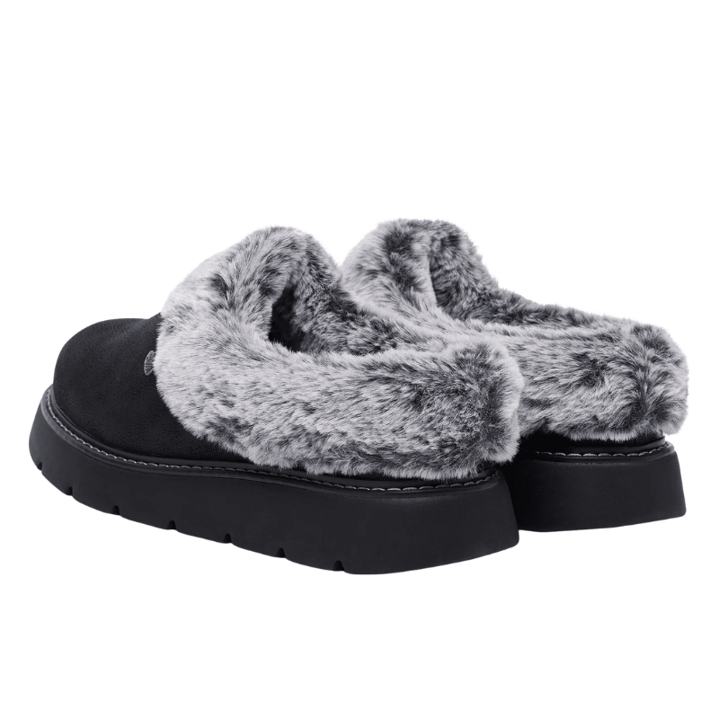 Kaksi mustaa Skechers naisten tossua harmaalla tekoturkiksella ja paksulla pohjalla, takakuva