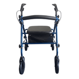 Sininen Ibis rollaattori suoraan edestä, ergonomisilla kahvoilla, pehmustetulla istuimella ja selkänojalla