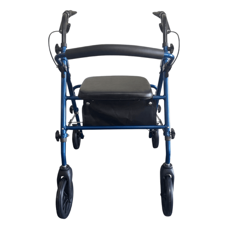 Sininen Ibis rollaattori suoraan edestä, ergonomisilla kahvoilla, pehmustetulla istuimella ja selkänojalla