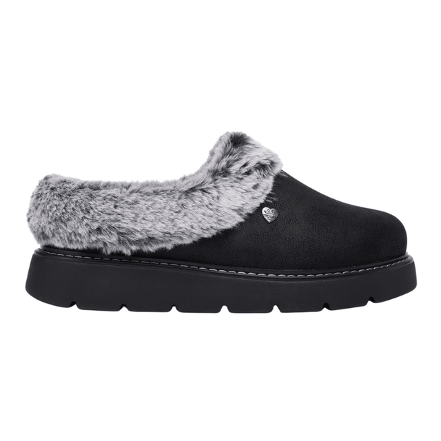 Musta Skechers naisten tossu mokkanahkajäljitelmällä, harmaalla tekoturkiksella ja paksulla pohjalla, sivukuva