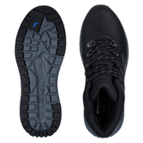 Kaksi mustaa Skechers miesten varsikenkää, toinen ylhäältä ja toinen näyttää pohjan kuvion